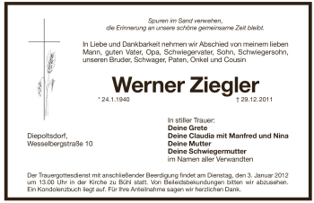 Traueranzeige von Werner Ziegler von Pegnitz-Zeitung